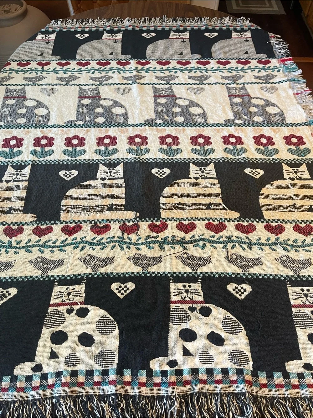 80s Whimsical Cat Woven jacquard  Throw Blanket - with damage -pulled threads